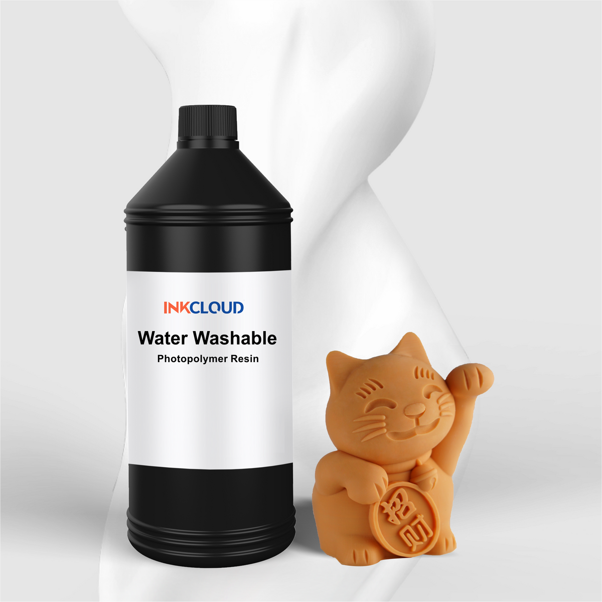 INKCLOUD™ Water Washable Resin with orange 3D printed lucky cat figurine — vibrant color, smooth surface finish for decorative models and wholesale orders